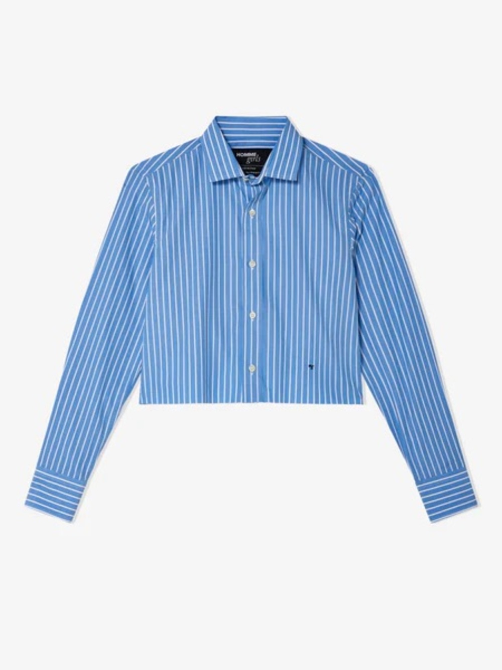 Homme girls Striped Cropped Button-Up Shirt in Light Blue and White